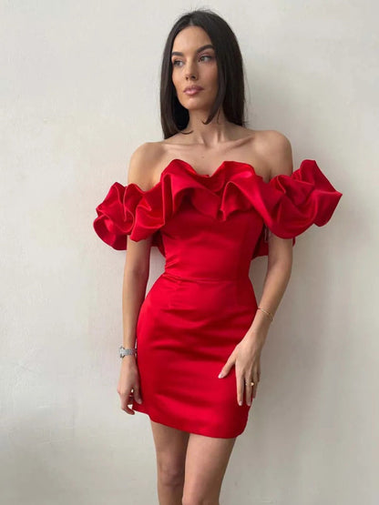 Waverly - Satin Dress with Off-Shoulder Ruffle
