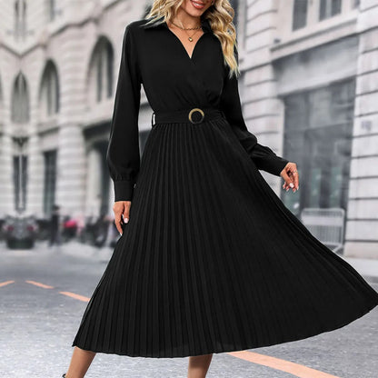 Clara - Chic V-Neck Dress with Golden Belt