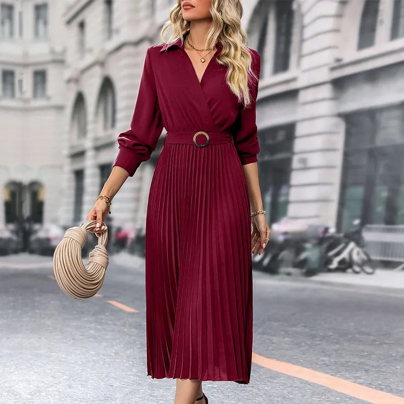 Clara - Chic V-Neck Dress with Golden Belt