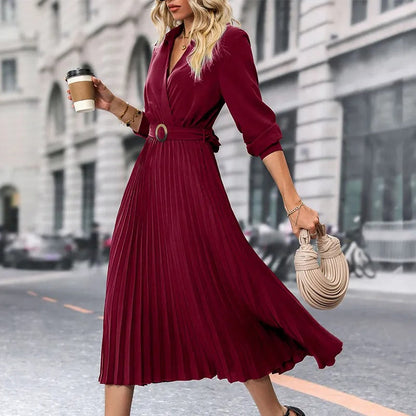 Clara - Chic V-Neck Dress with Golden Belt