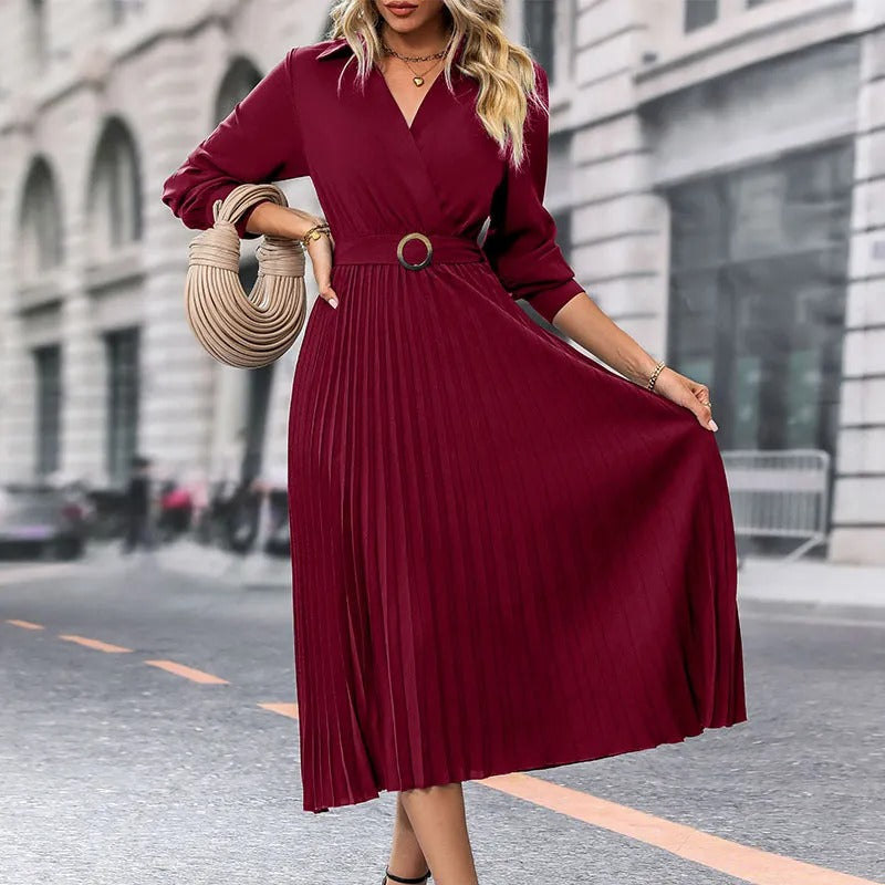 Clara - Chic V-Neck Dress with Golden Belt