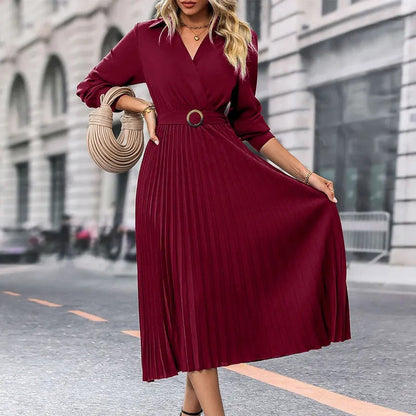 Clara - Chic V-Neck Dress with Golden Belt