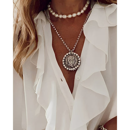 Arielle – Ruffled Women's Blouse with Butterfly Pattern