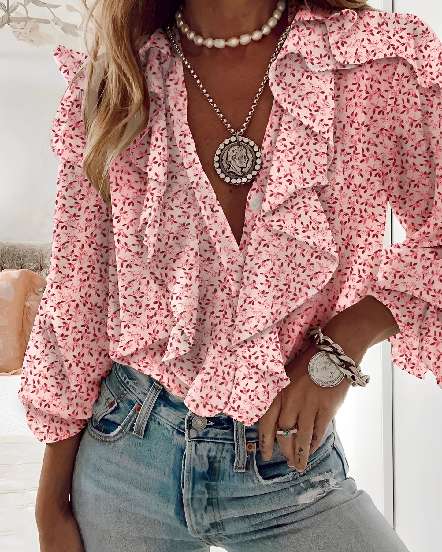 Arielle – Ruffled Women's Blouse with Butterfly Pattern