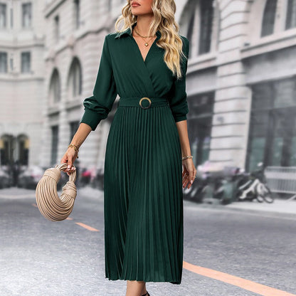 Clara - Chic V-Neck Dress with Golden Belt