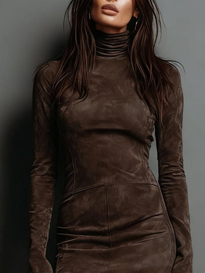 Riley - Suede Mini Dress with High Neck and Fitted Silhouette